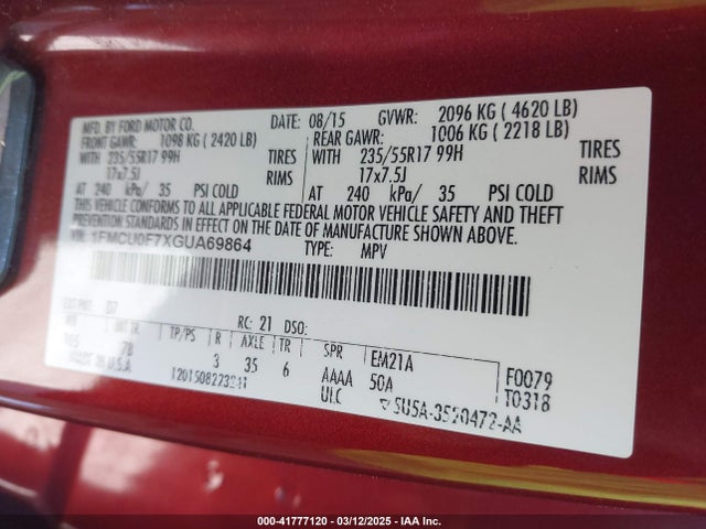 Ford ESCAPE S 2016 1FMCU0F7XGUA69864 Image 9