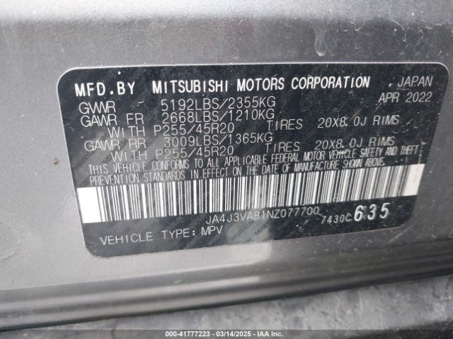 JA4J3VA81NZ077700 Mitsubishi Outlander Sel 2.5 2wd/sel Special Edition