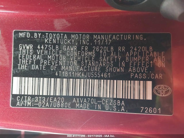 4T1B11HK4JU555461 Toyota CAMRY SE