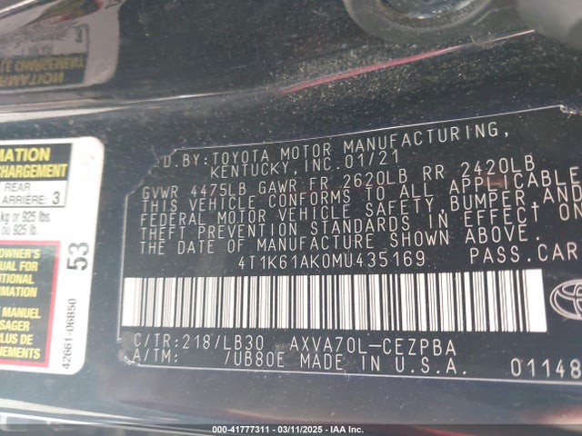4T1K61AK0MU435169 Toyota CAMRY XSE