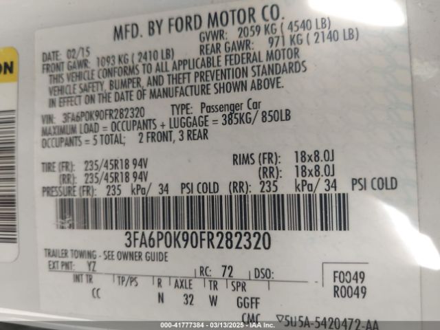 3FA6P0K90FR282320 Ford Fusion Titanium