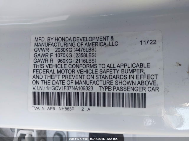 1HGCV1F37NA109323 Honda Accord Sport