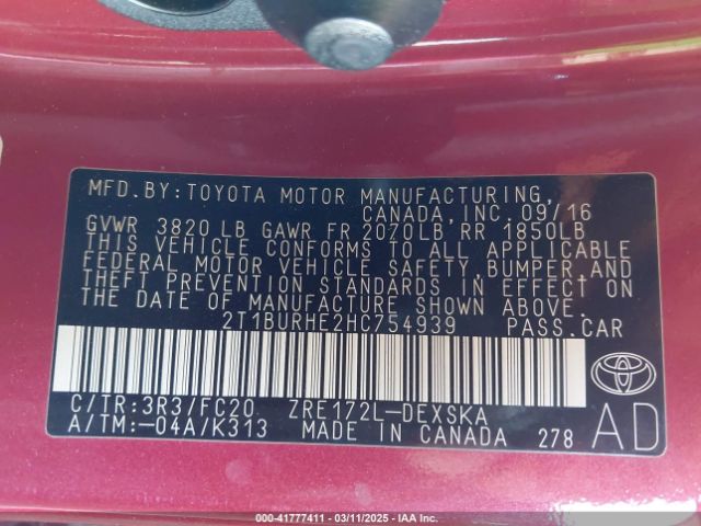 2T1BURHE2HC754939 Toyota COROLLA SE