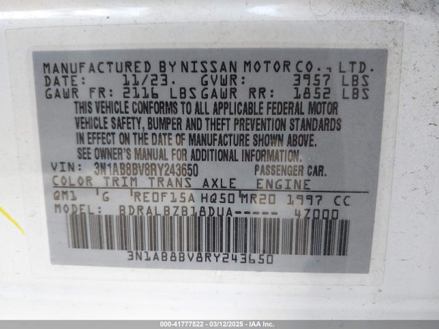 3N1AB8BV8RY243650 Nissan Sentra S Xtronic Cvt