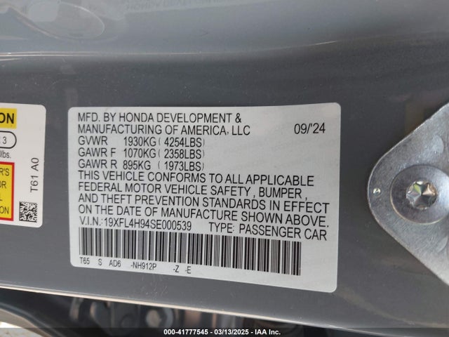 19XFL4H94SE000539 Honda Civic  Hybrid Sport Touring