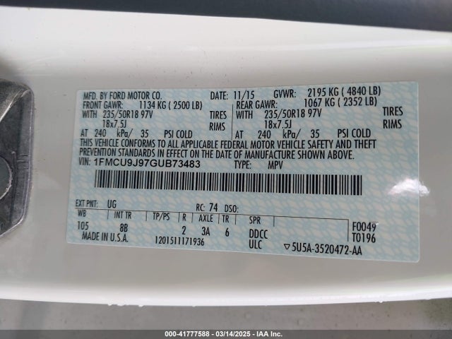 Ford Escape Titanium 2016 1FMCU9J97GUB73483 Image 9
