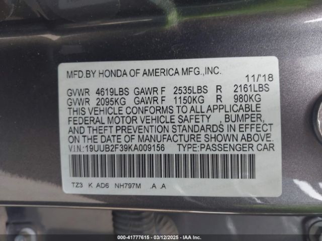 19UUB2F39KA009156 Acura Tlx Standard