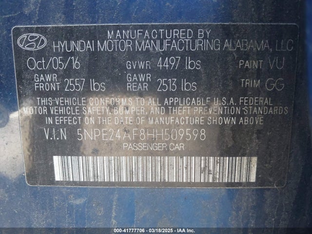 5NPE24AF8HH509598 Hyundai Sonata