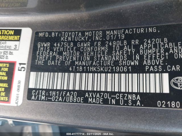4T1B11HK5KU219061 Toyota CAMRY LE