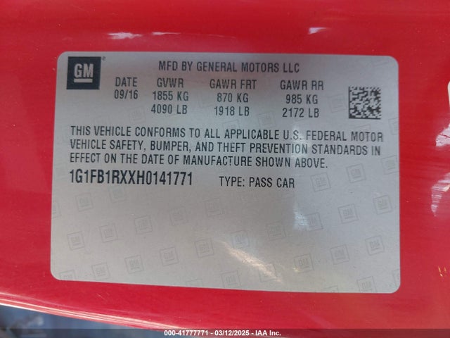 1G1FB1RXXH0141771 Chevrolet Camaro 1lt