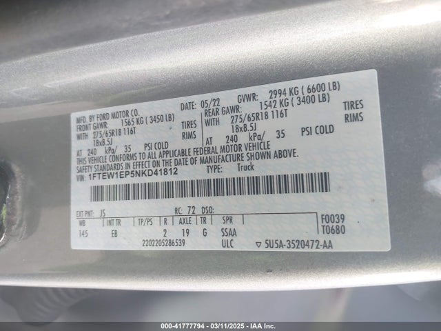 1FTEW1EP5NKD41812 Ford F-150 Lariat