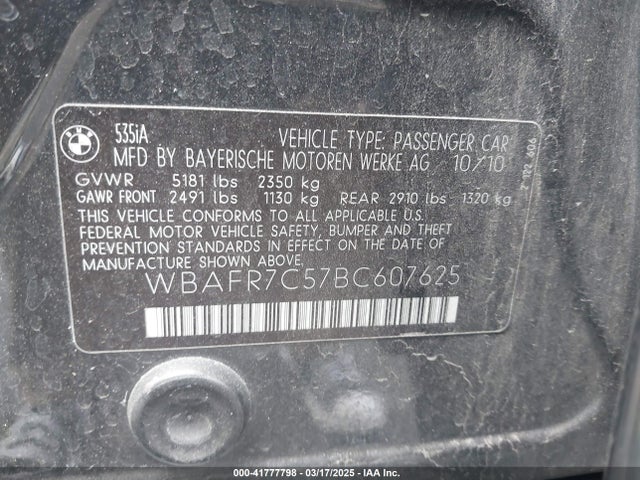 41777798 :رقم المزاد ، WBAFR7C57BC607625 vin ، 2011 Bmw 535i مزاد بيع