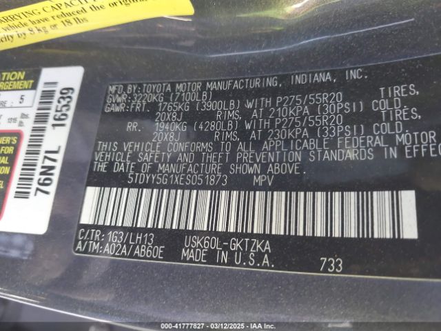 5TDYY5G1XES051873 Toyota Sequoia Platinum 5.7l V8