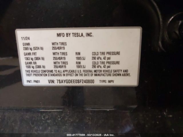 7SAYGDEE0SF240800 Tesla Model Y Long Range Dual Motor All-wheel Drive