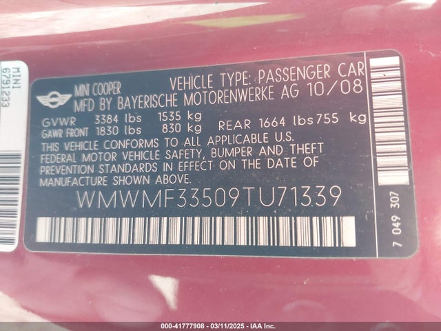 2009 MINI COOPER WMWMF33509TU71339 Photo 8