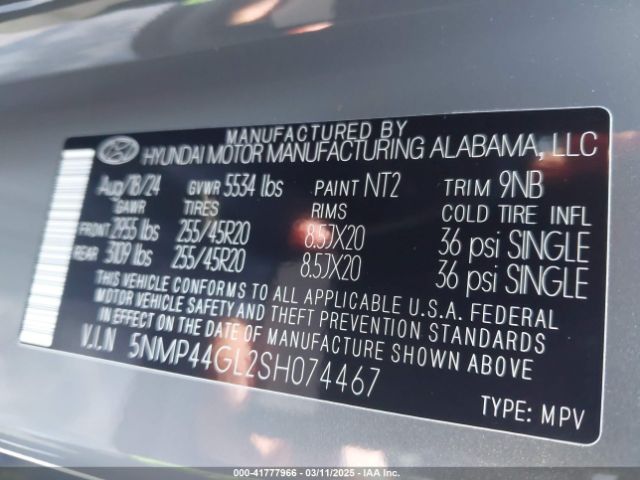 5NMP44GL2SH074467 Hyundai Santa Fe Limited