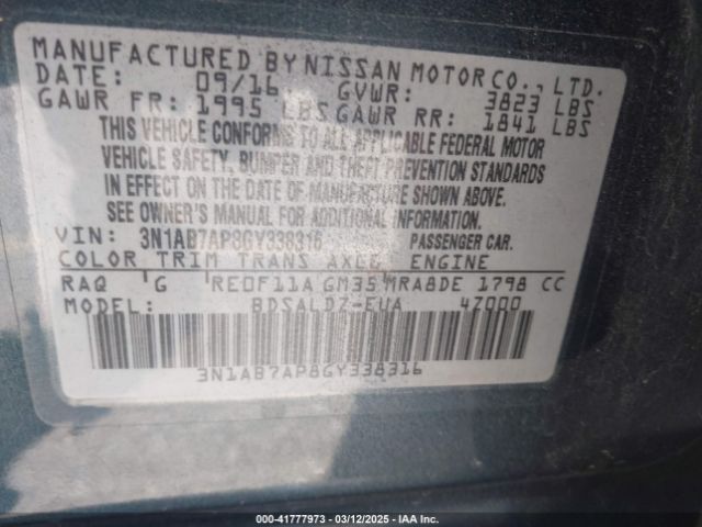 3N1AB7AP8GY338316 Nissan SENTRA SV