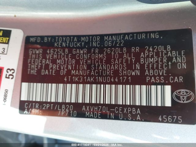 4T1K31AK1NU044171 Toyota Camry Xse Hybrid