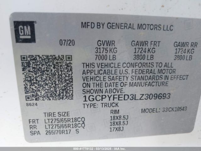 1GCPYFED3LZ309693 Chevrolet Silverado 1500 4wd  Short Bed Lt Trail Boss