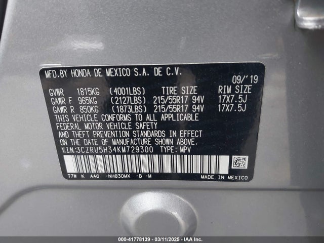 3CZRU5H34KM729300 Honda HR-V LX