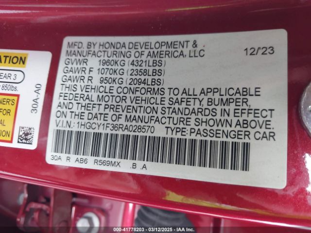 1HGCY1F36RA028570 Honda ACCORD EX