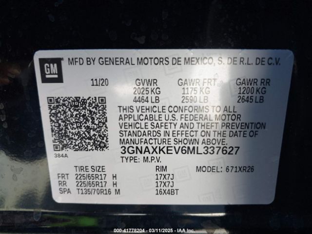 3GNAXKEV6ML337627 Chevrolet Equinox Fwd Lt