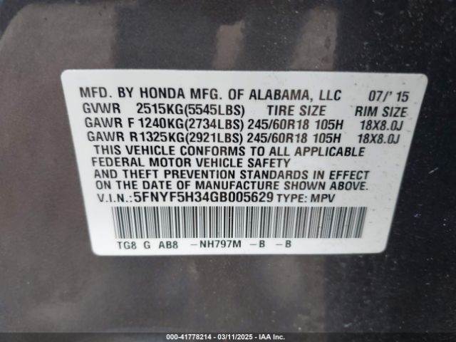 5FNYF5H34GB005629 Honda Pilot Ex