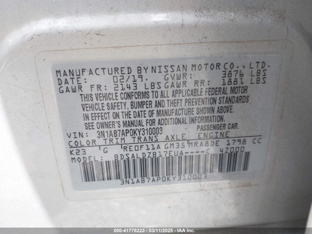 3N1AB7AP0KY310003 Nissan SENTRA SV