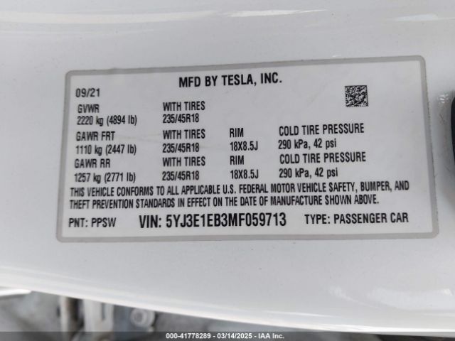 5YJ3E1EB3MF059713 Tesla Model 3 Long Range Dual Motor All-wheel Drive