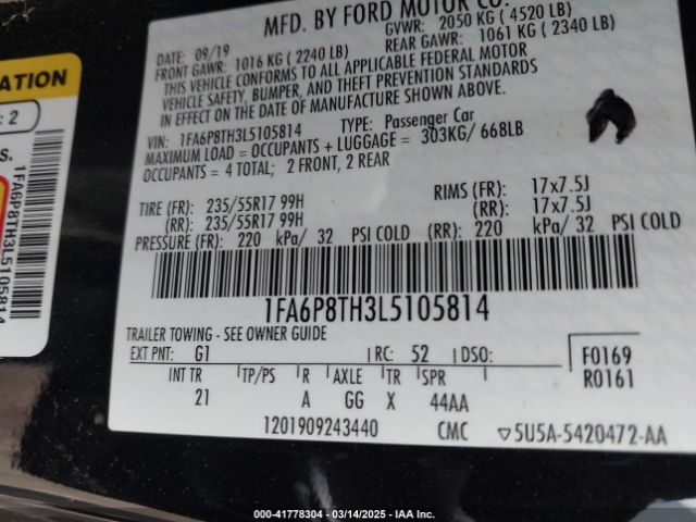 1FA6P8TH3L5105814 Ford Mustang Ecoboost Fastback