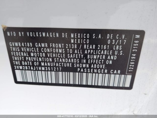 3VW2B7AJ1HM351217 Volkswagen Jetta 1.4t S