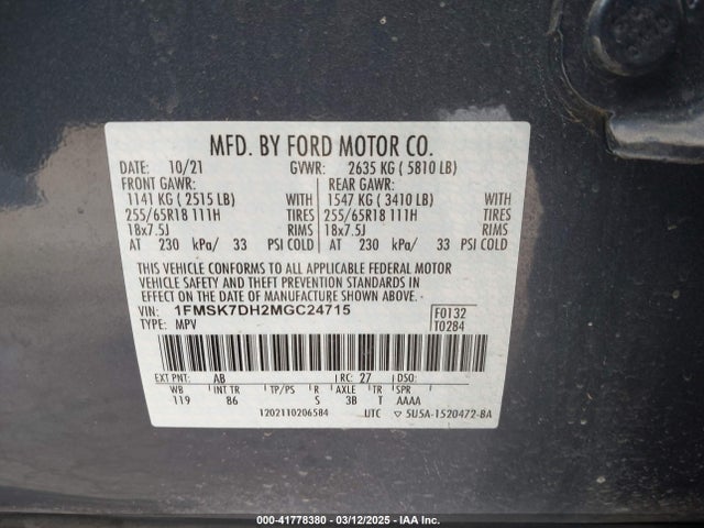 1FMSK7DH2MGC24715 Ford EXPLORER XLT