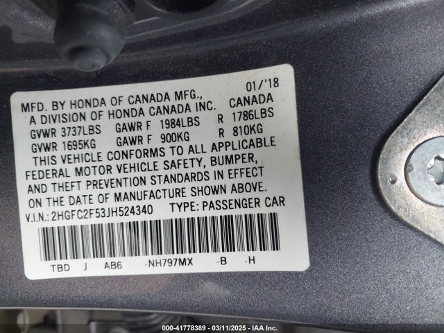 2HGFC2F53JH524340 Honda Civic Lx
