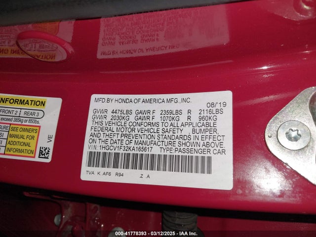 1HGCV1F32KA165617 Honda Accord Sport