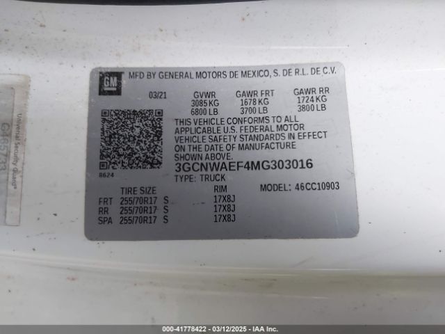 3GCNWAEF4MG303016 Chevrolet Silverado 1500 2wd  Long Bed Wt