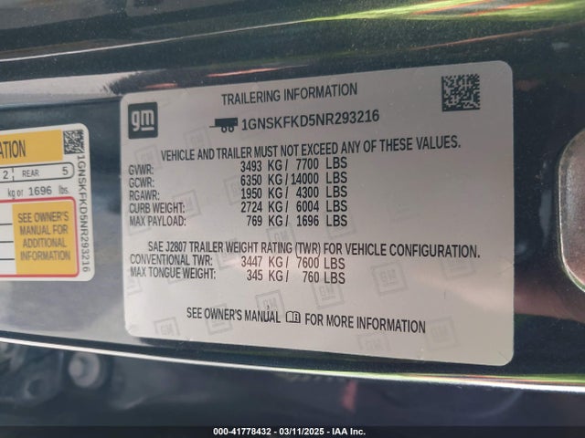 1GNSKFKD5NR293216 Chevrolet Suburban 4wd Premier