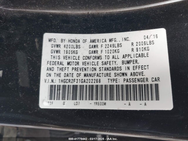 1HGCR2F31GA202268 Honda ACCORD LX