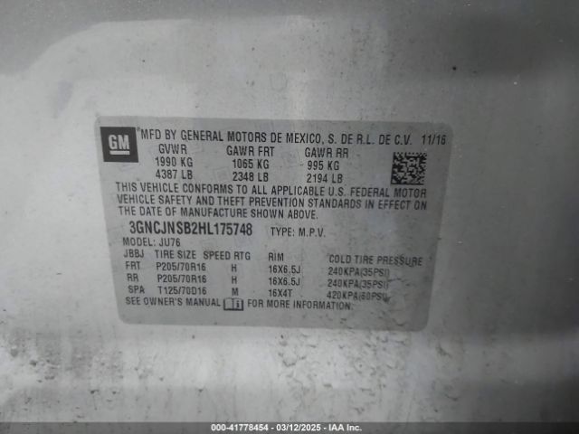 3GNCJNSB2HL175748 Chevrolet TRAX LS