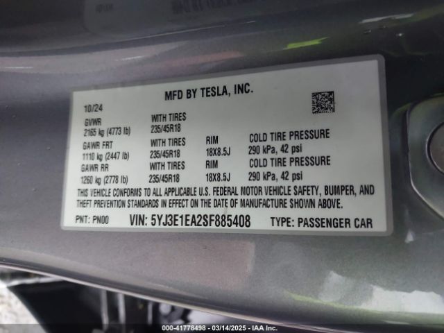 5YJ3E1EA2SF885408 Tesla Model 3 Long Range Rear-wheel Drive