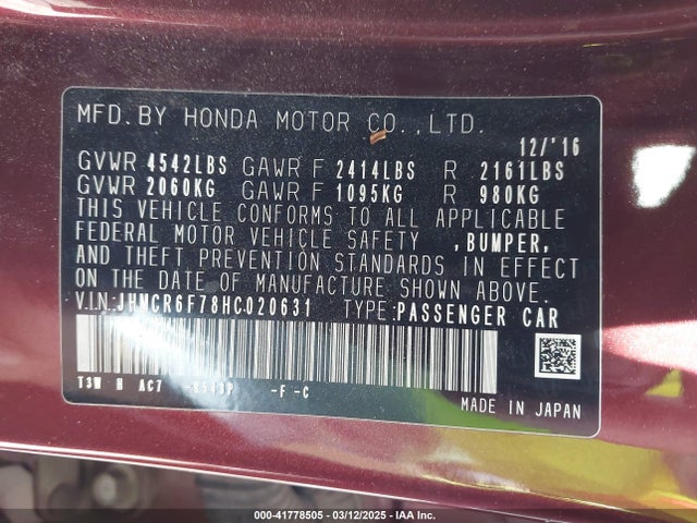 JHMCR6F78HC020631 Honda Accord Hybrid Touring