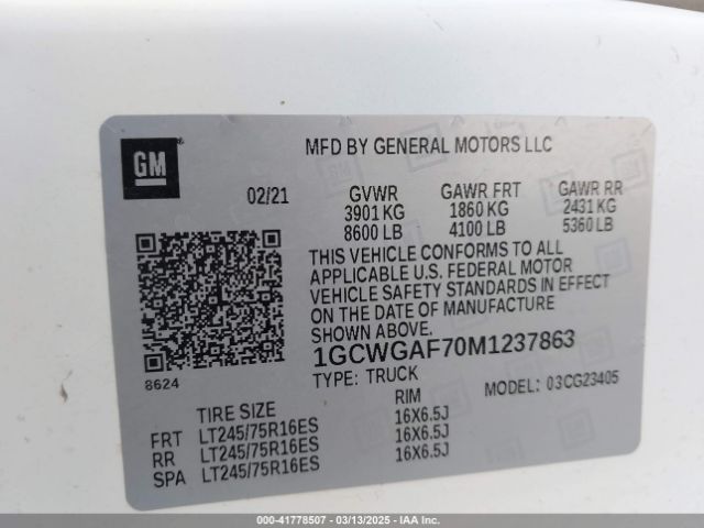 1GCWGAF70M1237863 Chevrolet Express Cargo Rwd 2500 Regular Wheelbase Wt