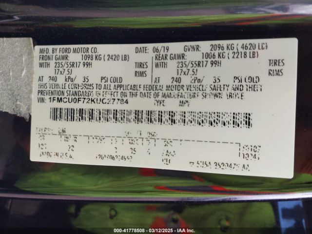 1FMCU0F72KUC27784 Ford ESCAPE S