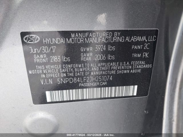 5NPD84LF2JH251074 Hyundai ELANTRA SEL