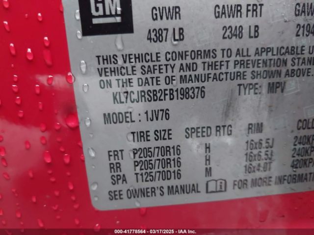 KL7CJRSB2FB198376 Chevrolet Trax Lt