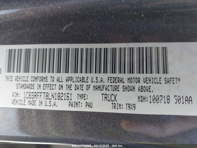 41778565 :رقم المزاد ، 1C6SRFFT8LN182161 vin ، 2020 Ram 1500 Big Horn  4x4 5'7 Box مزاد بيع
