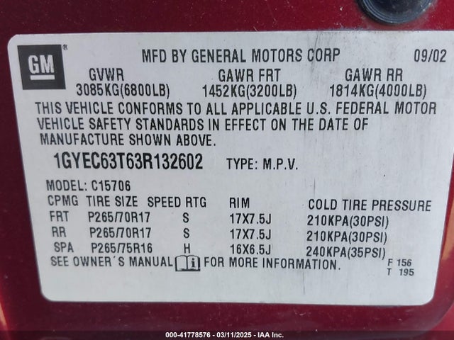 2003 CADILLAC ESCALADE 1GYEC63T63R132602 Photo 8