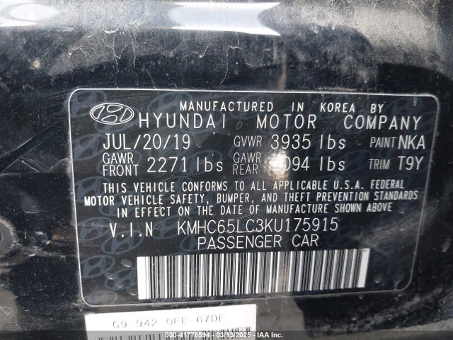 KMHC65LC3KU175915 Hyundai Ioniq Hybrid Blue