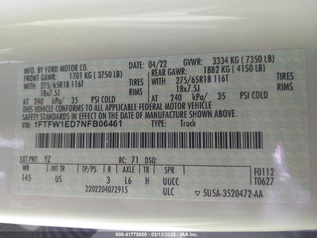 1FTFW1ED7NFB06461 Ford F-150 Xlt