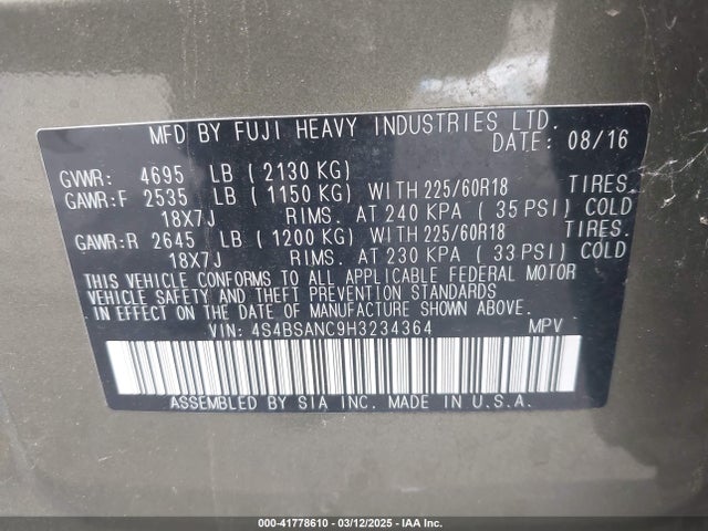 4S4BSANC9H3234364 Subaru Outback 2.5i Limited