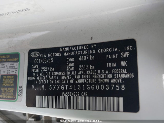 5XXGT4L31GG003758 KIA Optima Lx